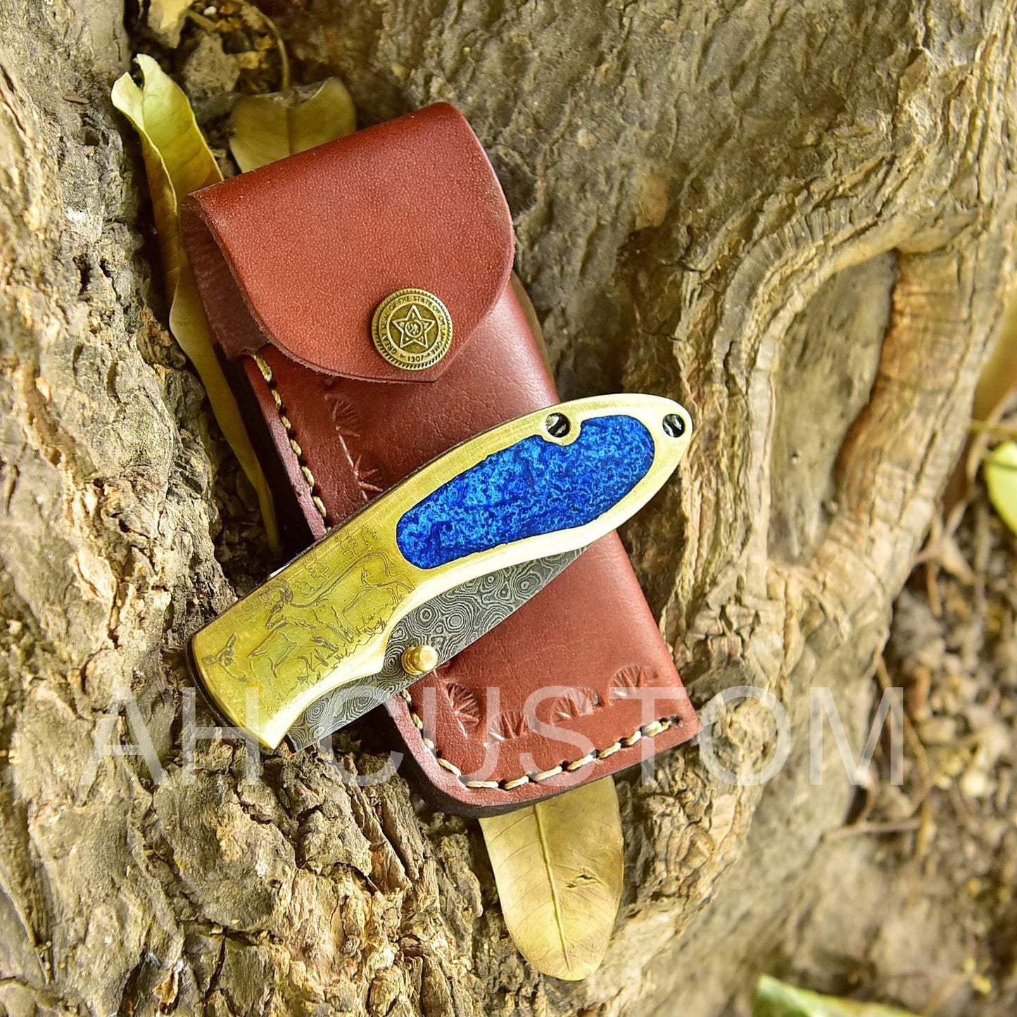 Custom Handmade Damascus Steel Folding Pocket Knife with Brass Handle – 512 Layers EDC Knife with Leather Sheath