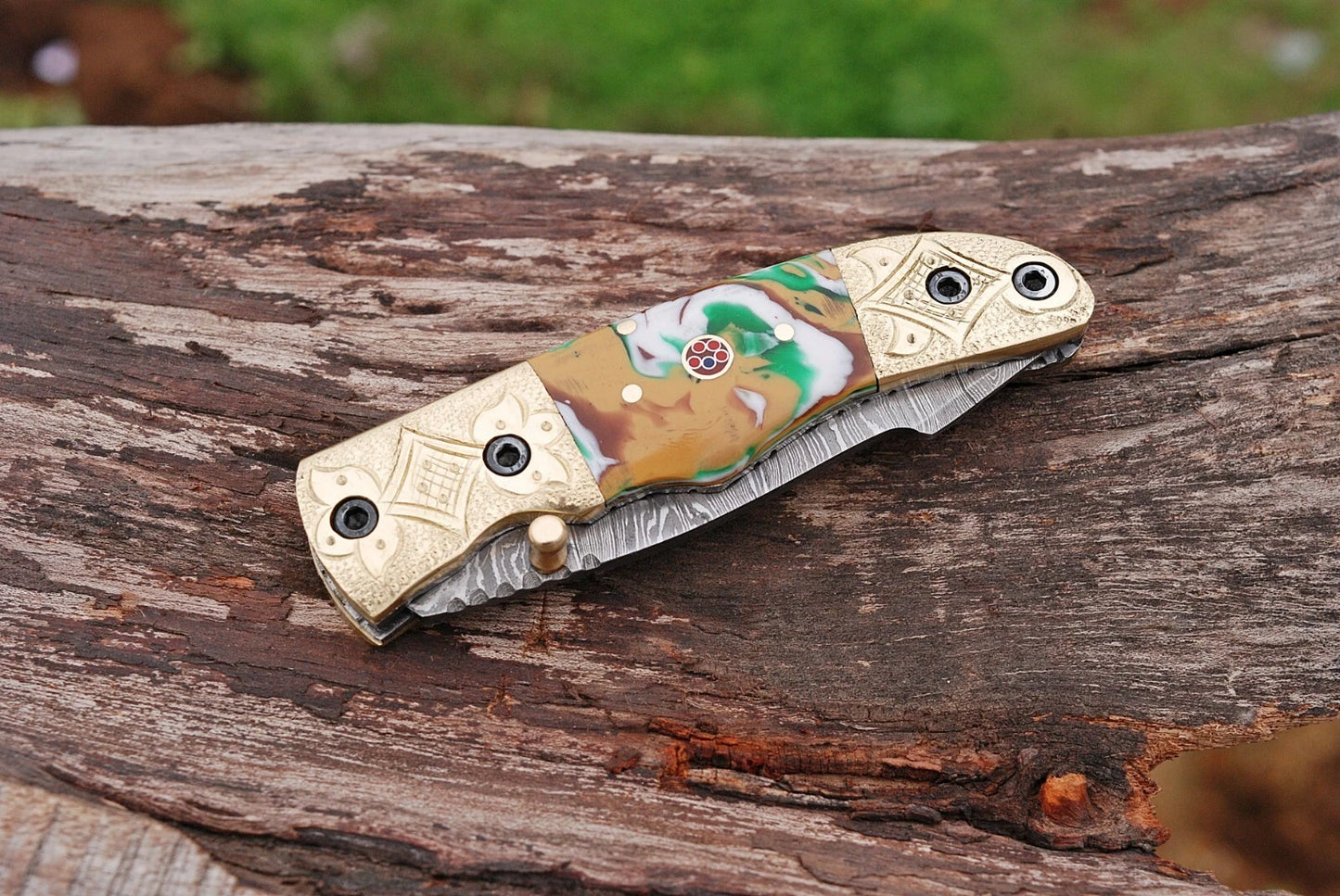 Hand Forged Damascus Steel Folding Pocket Knife with Risen & Bolster Handle – 512 Layers EDC Knife with Leather Sheath 1596