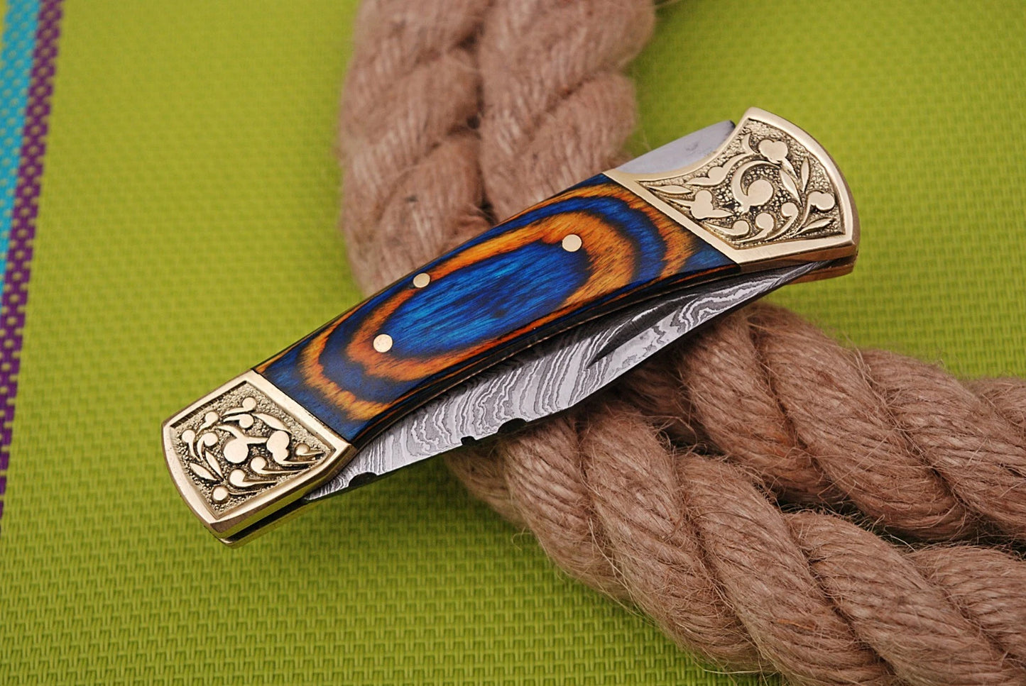 Custom Hand Forged Damascus Steel Folding Pocket Knife with Wood Handle – 512 Layers EDC Camping Knife with Leather Sheath 1067