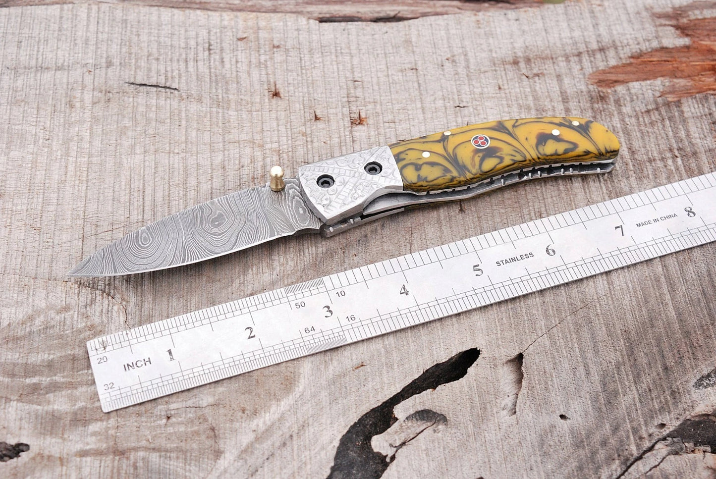 Premium Hand-Forged Damascus Folding Pocket Knife – Engraved Bolster Handle | 512 Layers | Leather Sheath Included 1590