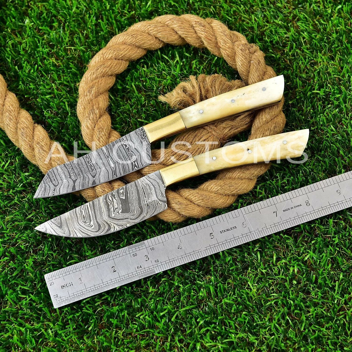 Handmade Damascus Steel Steak Knife Kitchen Set with Bone & Brass Handle – 512 Layers Twist Pattern Chef Knives