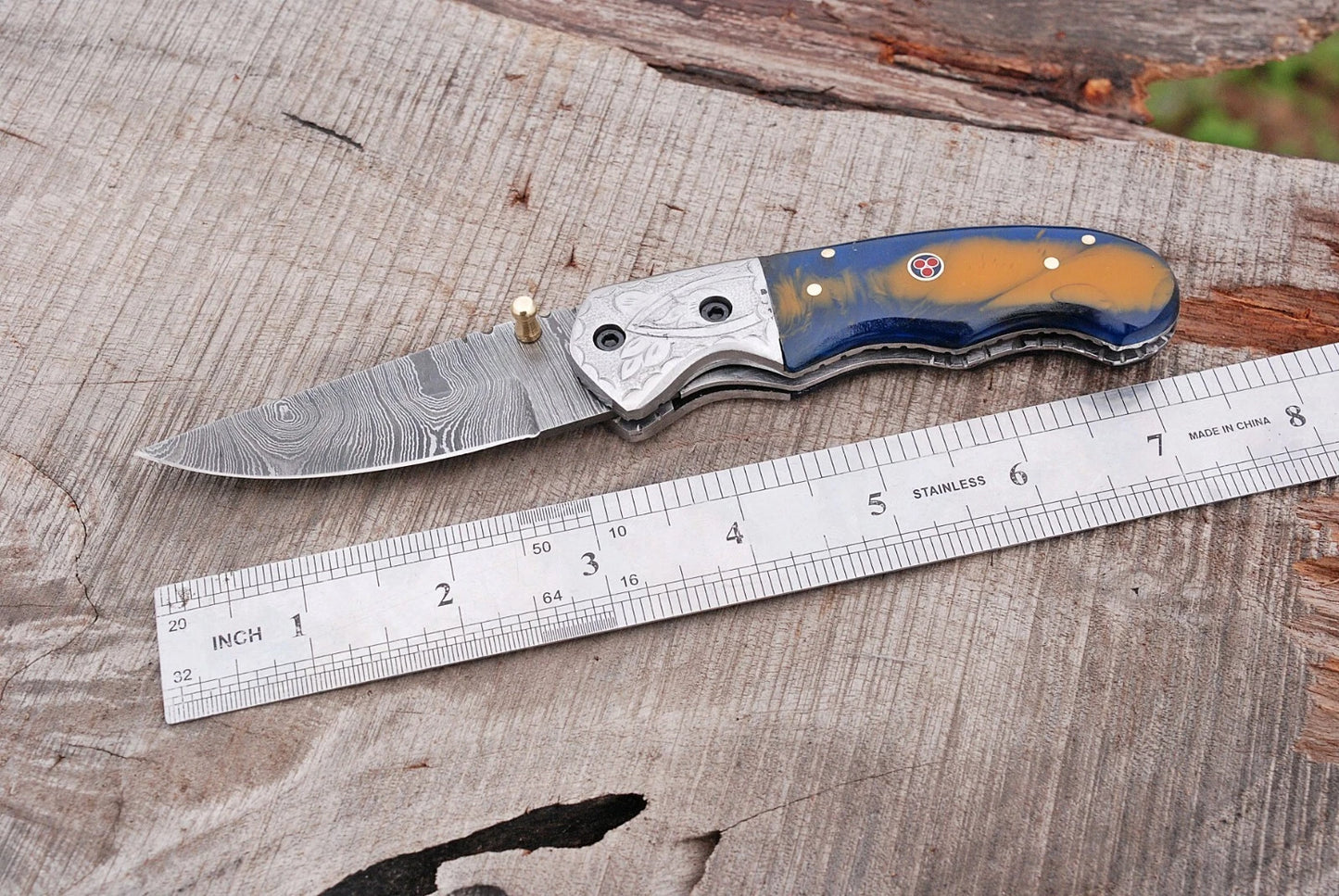 Hand Forged Damascus Steel Folding Pocket Knife with Risen & Bolster Handle – 512 Layers EDC Knife with Leather Sheath