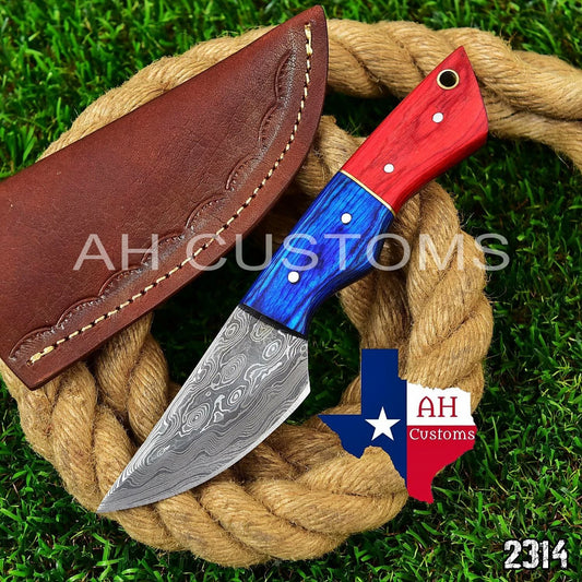 Hand Forged Damascus Steel Fixed Blade Tool with Wood Handle – 512 Layers Compact Utility Tool with Leather Sheath