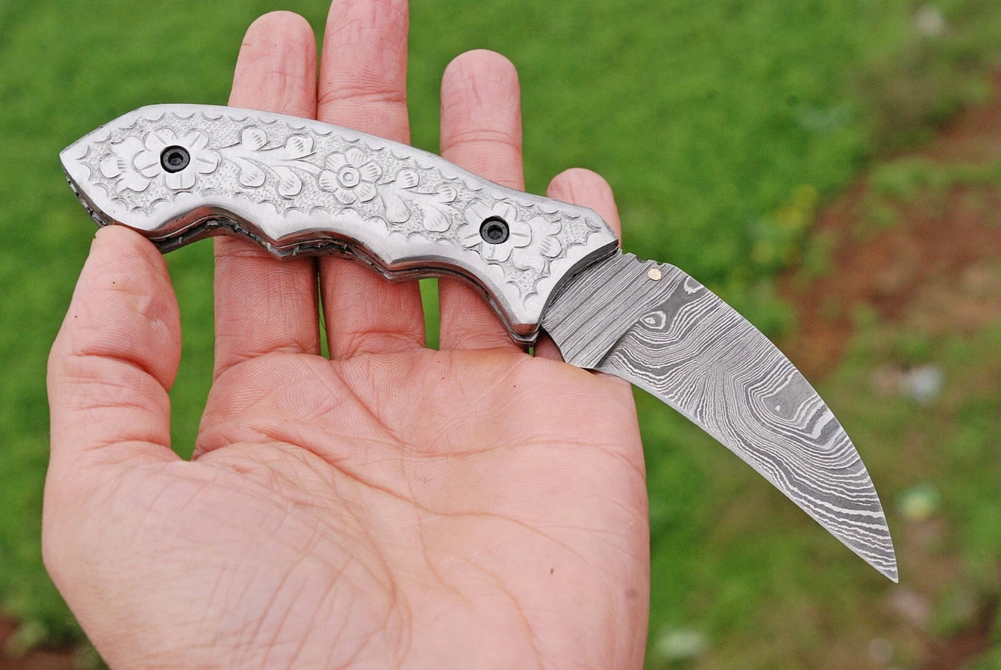 Hand Forged Damascus Steel Folding Pocket Knife with Steel Engraved Handle – 512 Layers EDC Knife with Leather Sheath