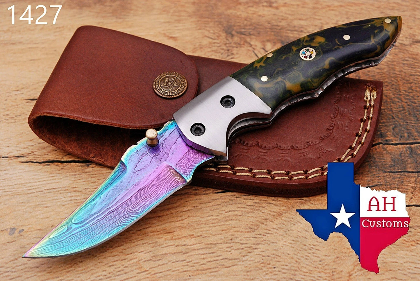 Handmade 512-Layer Damascus Steel Folding Pocket Knife with Resin Handle & Leather Sheath