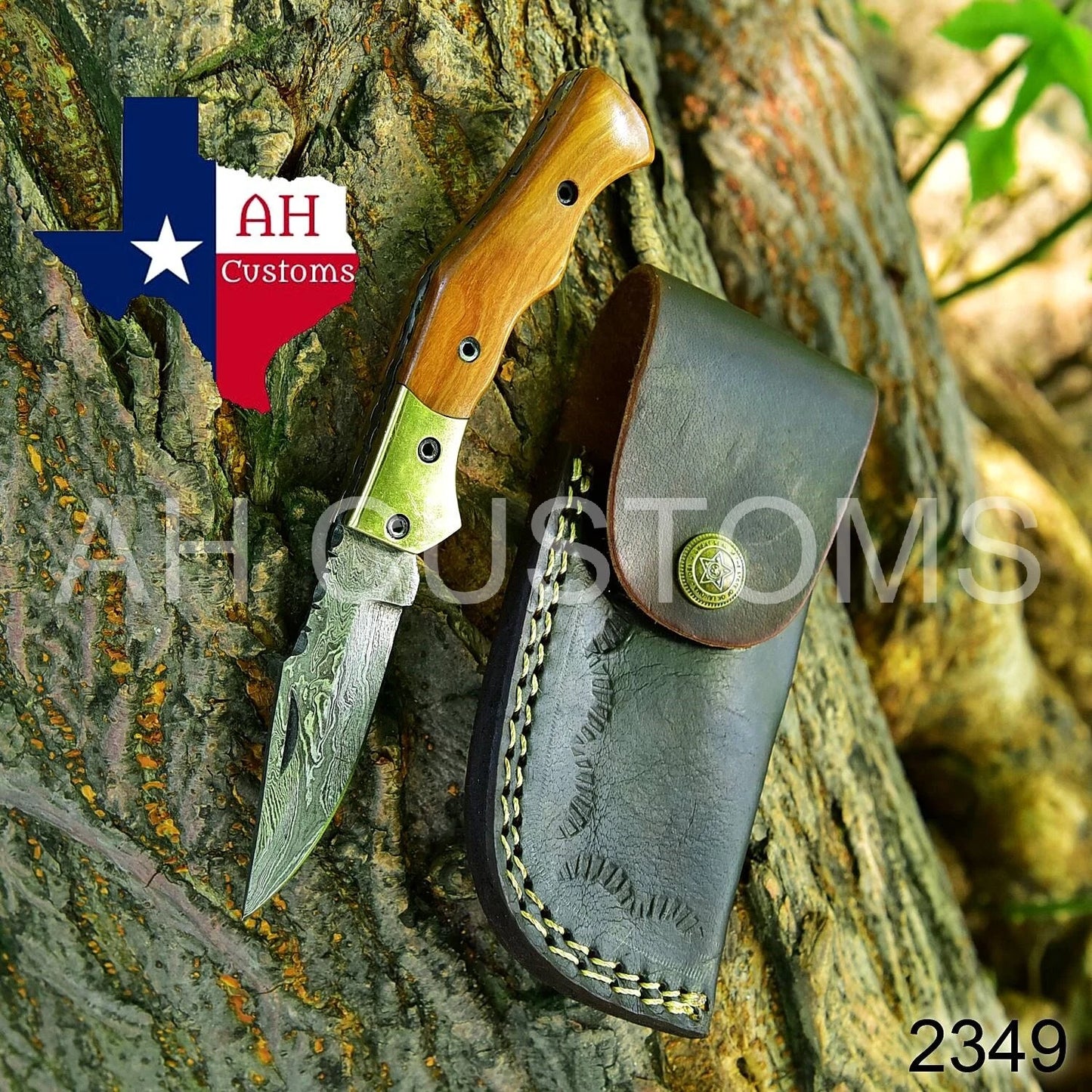 Premium Handmade Damascus Steel Folding Pocket Knife – Olive Wood & Brass Bolster Handle | 512 Layers | Leather Sheath Included 2349