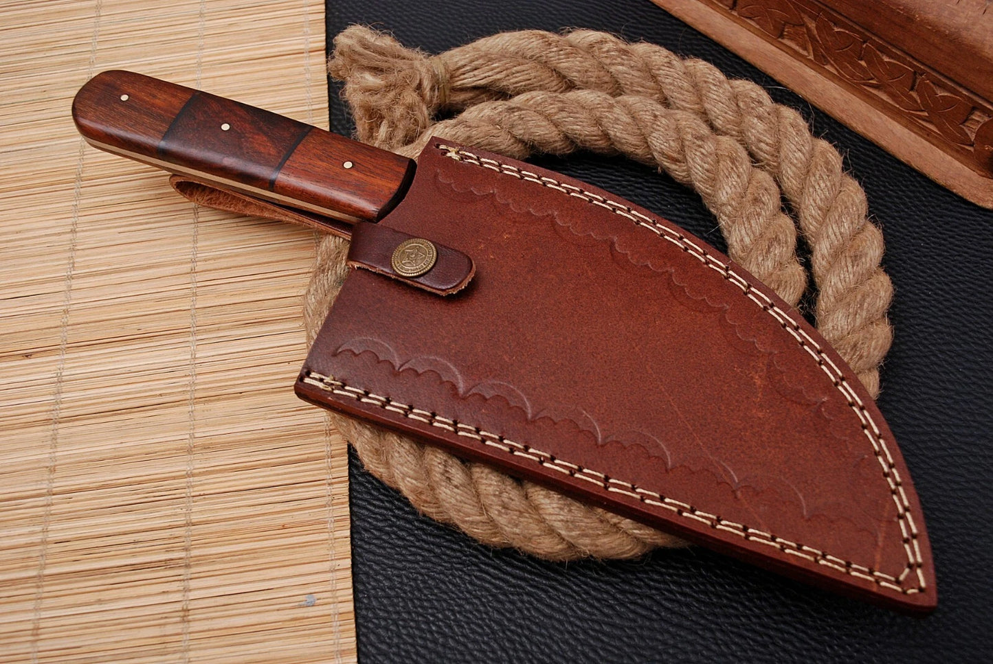 Handmade Railroad Spike High Carbon Steel Meat Cleaver Knife with Wood Handle – Forged 1095 Steel Kitchen Cleaver with Leather Sheath