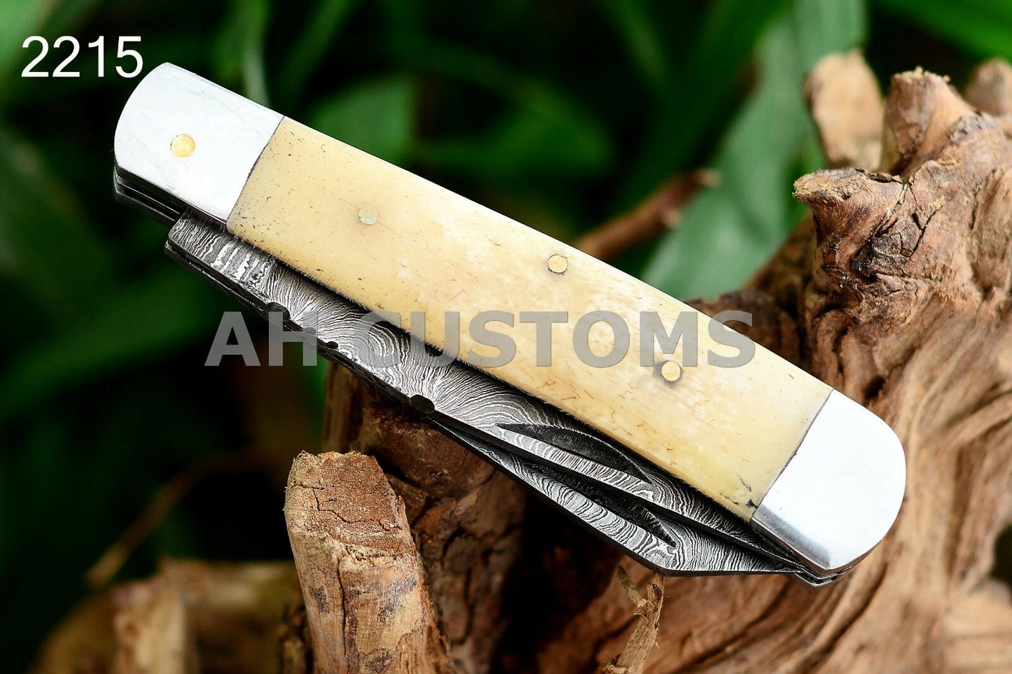 Custom Handmade 512-Layer Damascus Steel Double Blade Trapper Folding Pocket Knife with Camel Bone Handle