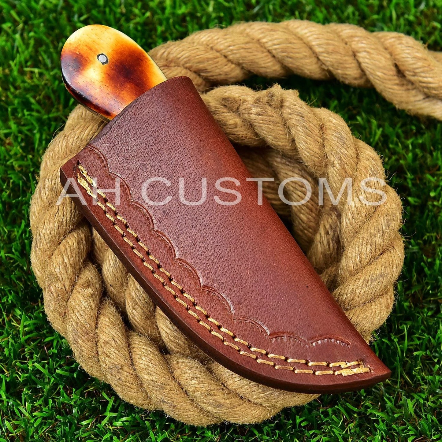 Hand Forged Damascus Steel Gut Hook Style Fixed Blade Knife with Bone Handle & Leather Sheath – 512 Layers Compact Outdoor & EDC Knife