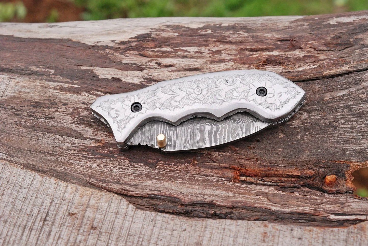 Hand Forged Damascus Steel Folding Pocket Knife with Steel Engraved Handle – 512 Layers EDC Knife with Leather Sheath