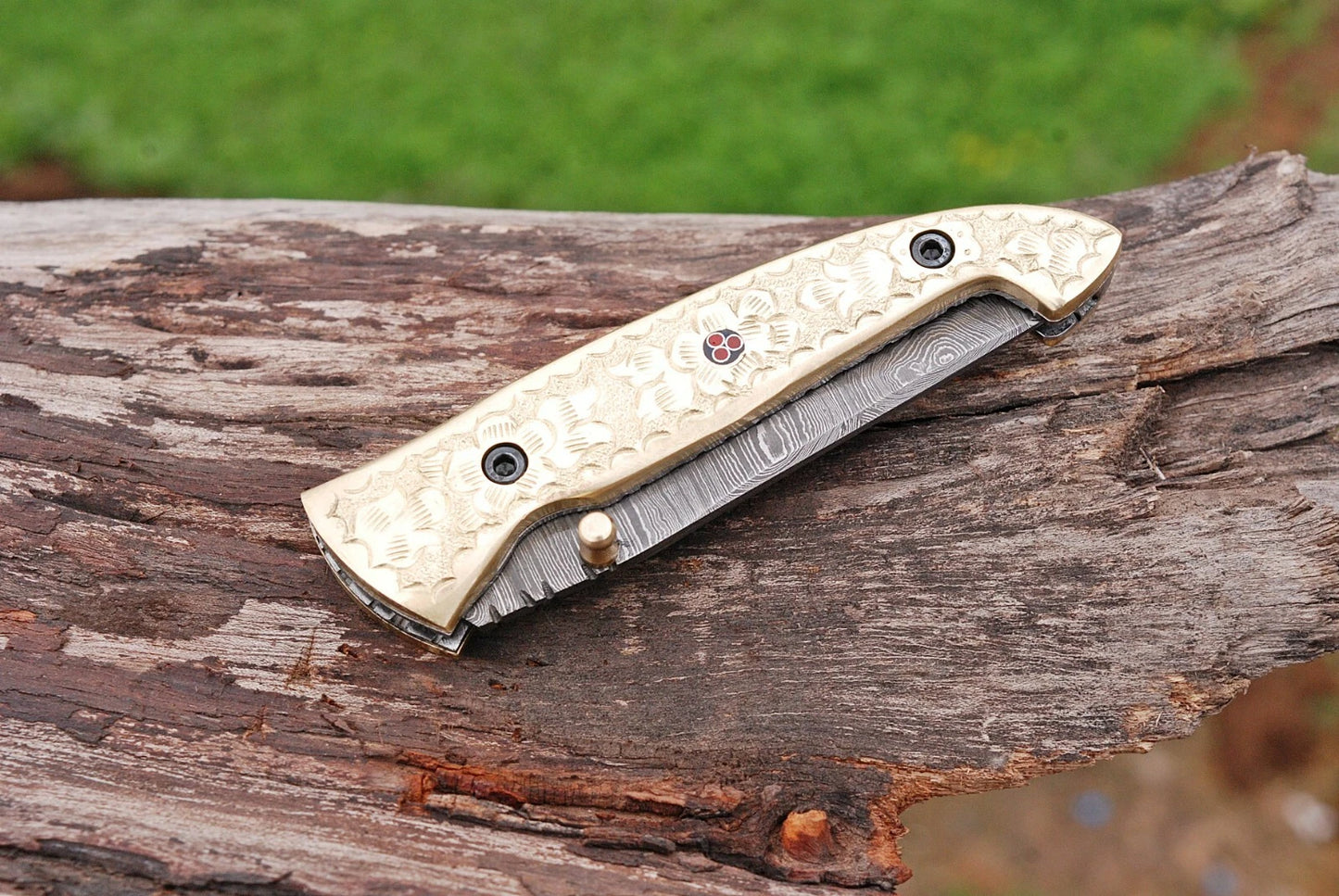 Hand Forged Damascus Steel Folding Pocket Knife with Brass Engraved Handle – 512 Layers EDC Knife with Leather Sheath