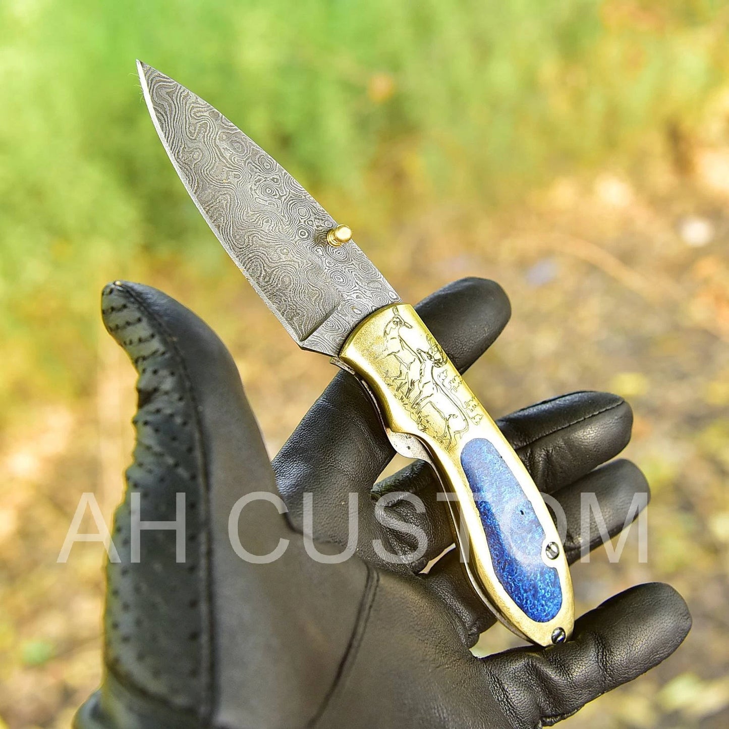 Custom Handmade Damascus Steel Folding Pocket Knife with Brass Handle – 512 Layers EDC Knife with Leather Sheath