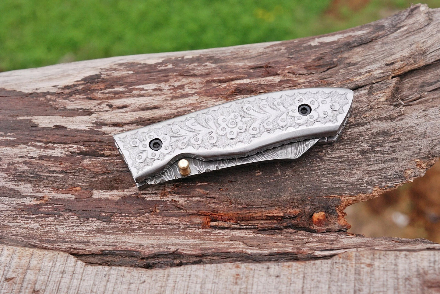 Hand Forged Damascus Steel Folding Pocket Knife with Steel Engraved Handle – 512 Layers EDC Knife with Leather Sheath