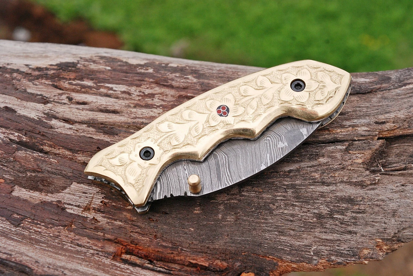 Handmade 512-Layer Damascus Steel Folding Pocket Knife with Engraved Brass Handle & Leather Sheath