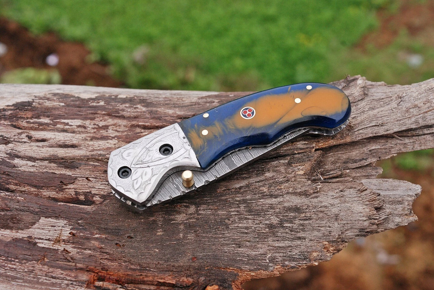 Hand Forged Damascus Steel Folding Pocket Knife with Risen & Bolster Handle – 512 Layers EDC Knife with Leather Sheath