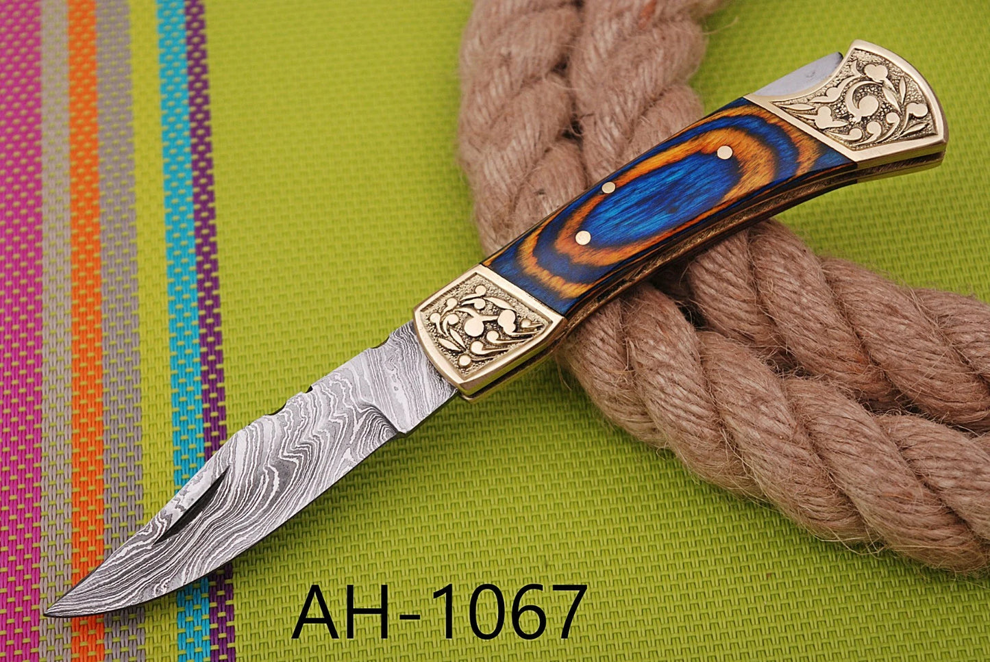Custom Hand Forged Damascus Steel Folding Pocket Knife with Wood Handle – 512 Layers EDC Camping Knife with Leather Sheath 1067