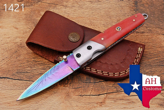Handmade 512-Layer Damascus Steel Folding Pocket Knife with Bone Handle & Leather Sheath