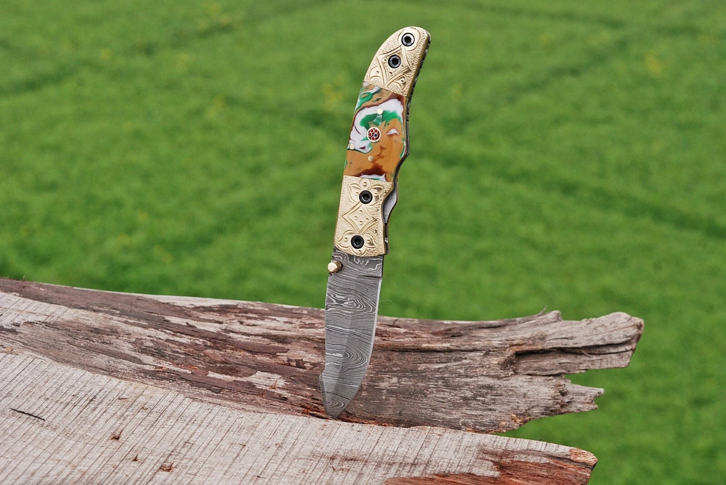 Hand Forged Damascus Steel Folding Pocket Knife with Risen & Bolster Handle – 512 Layers EDC Knife with Leather Sheath 1596