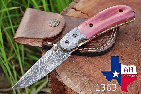 Custom Handmade Damascus Steel Folding Pocket Knife – 512 Layers Camping & EDC Knife with Leather Sheath