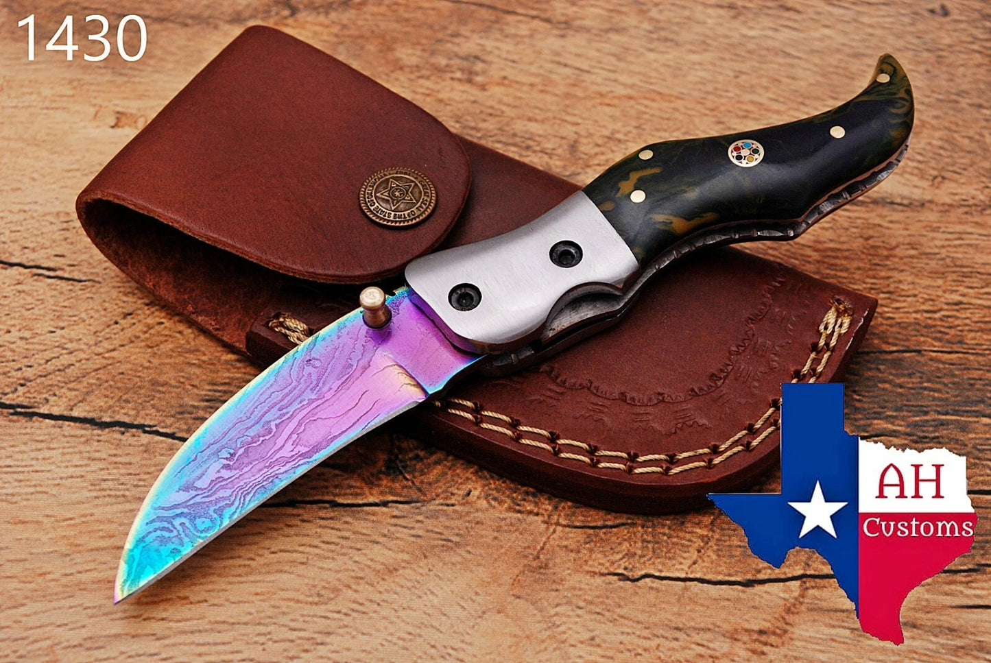 Handmade 512-Layer Damascus Steel Folding Pocket Knife with Resin Handle & Leather Sheath