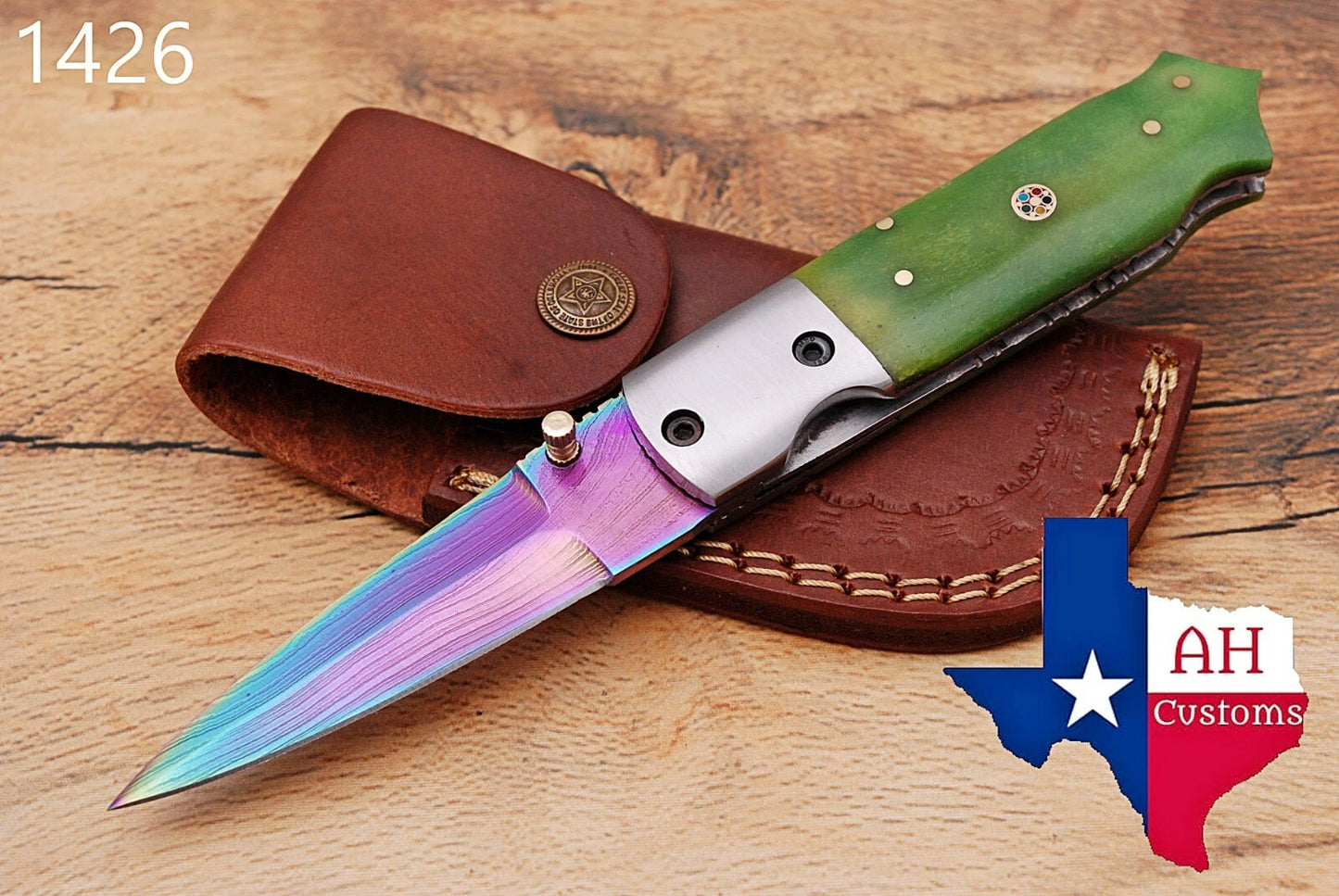 Handmade 512-Layer Damascus Steel Folding Pocket Knife with Bone Handle & Leather Sheath