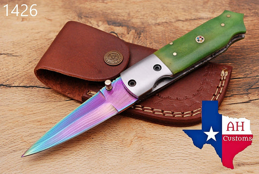 Handmade 512-Layer Damascus Steel Folding Pocket Knife with Bone Handle & Leather Sheath
