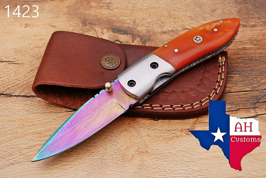 Handmade 512-Layer Damascus Steel Folding Pocket Knife with Bone Handle & Leather Sheath