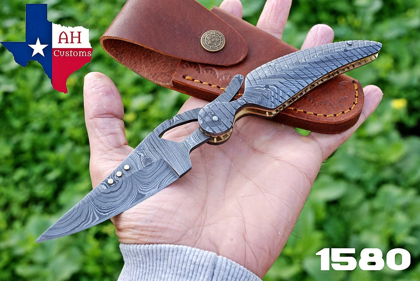 Hand Forged Damascus Steel Folding Pocket Knife with Damascus Steel Handle – 512 Layers EDC Knife with Leather Sheath