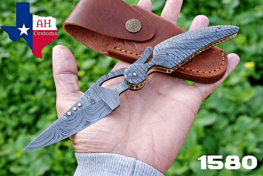 Hand Forged Damascus Steel Folding Pocket Knife with Damascus Steel Handle – 512 Layers EDC Knife with Leather Sheath