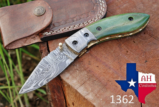 Handmade 512-Layer Damascus Steel Folding Pocket Knife with Bone Handle & Leather Sheath