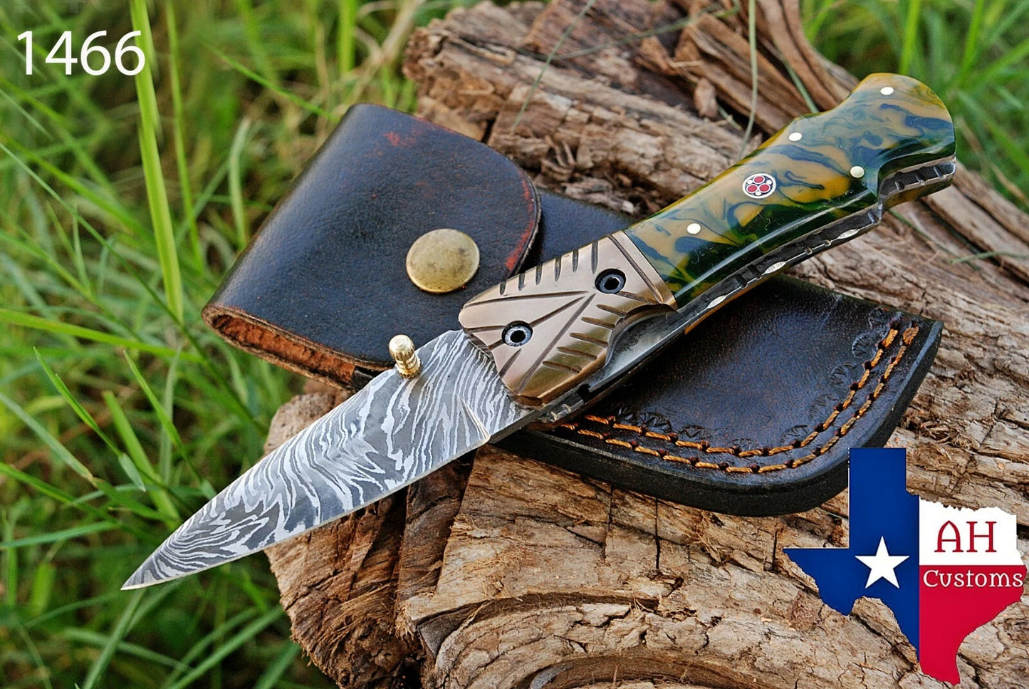Premium Hand-Forged Damascus Folding Pocket Knife – Copper Bolster Handle | 512 Layers | Leather Sheath Included