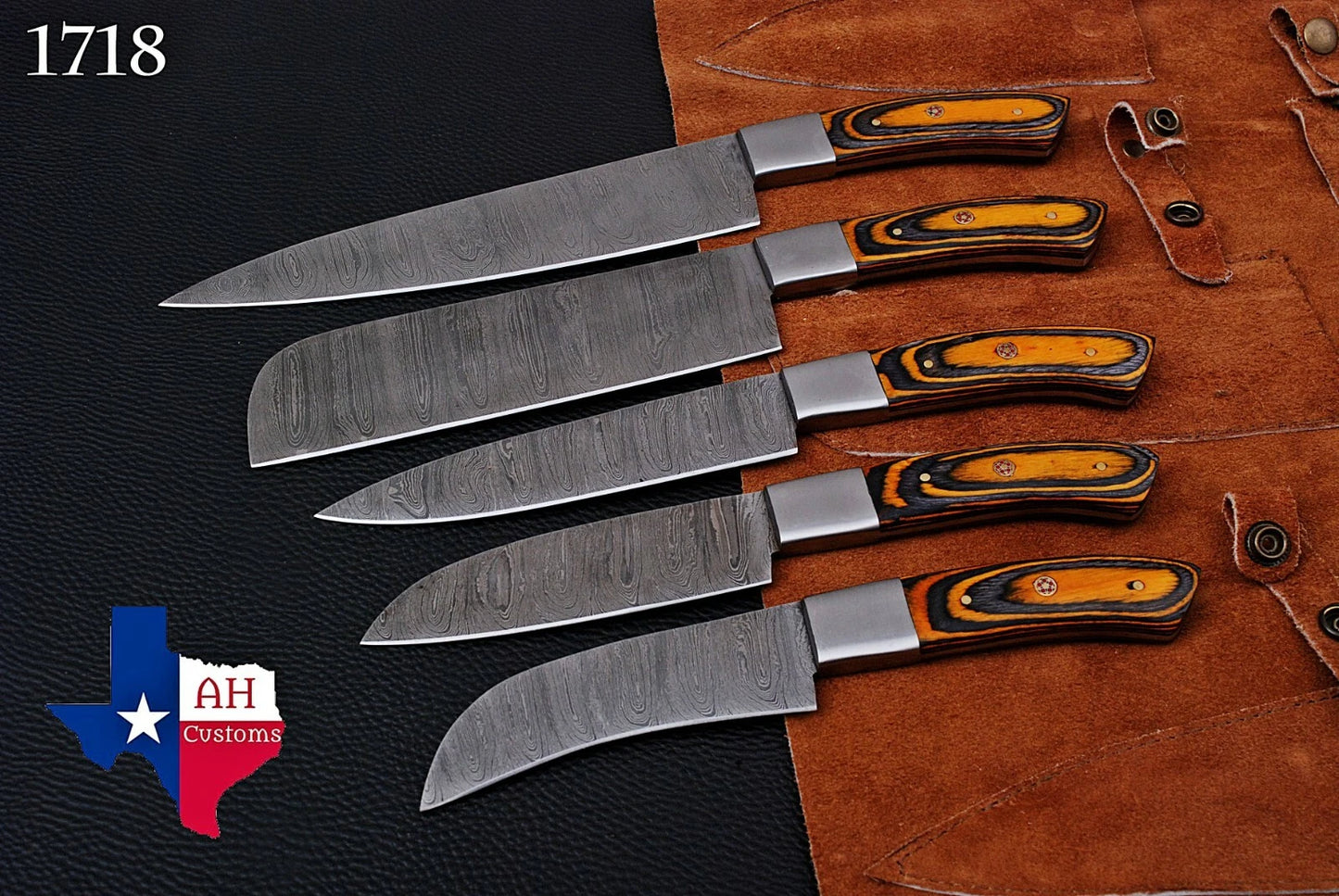 5-Piece Hand Forged Damascus Steel Kitchen Knife Set with Wood Handle – 512 Layers Chef Knives & Cleaver with Leather Sheath