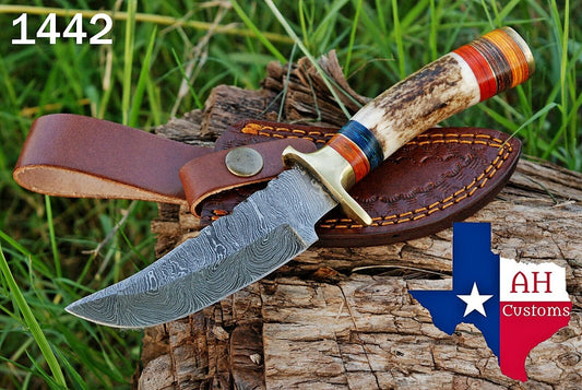 Hand Forged Damascus Steel Hunting Knife Anniversary Gift For Him Everyday Carry Knife Groomsmen Gift Knife With Stag And Brass Guard Handle 1442