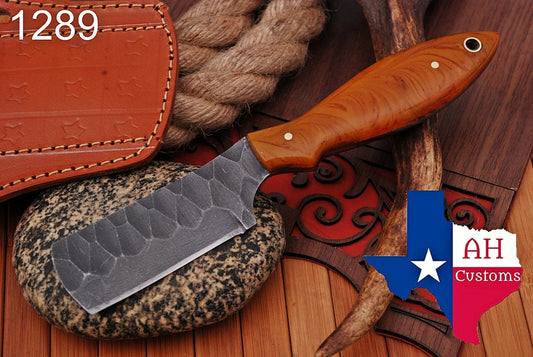 Hand Forged Damascus Steel Fixed Blade Tool with Risen Handle – Handmade Collector Piece with Leather Sheath