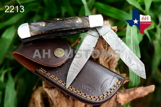 Custom Handmade Damascus Steel Double Blade Trapper Folding Knife – 512 Layers Pocket Knife with Leather Sheath 2213