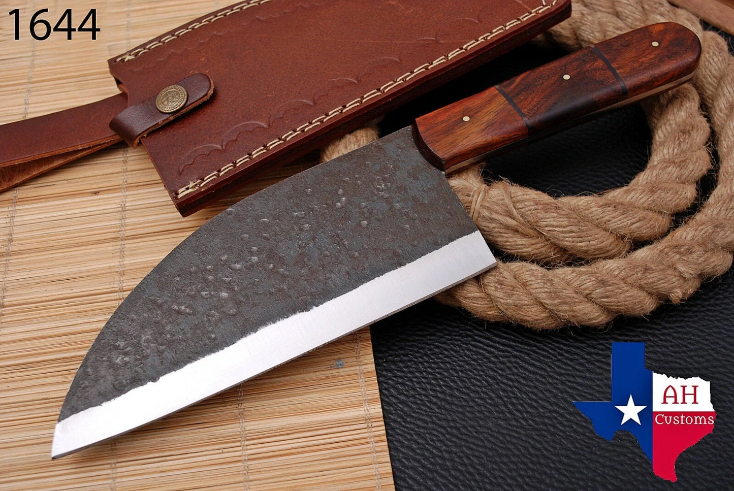 Handmade Railroad Spike High Carbon Steel Meat Cleaver Knife with Wood Handle – Forged 1095 Steel Kitchen Cleaver with Leather Sheath