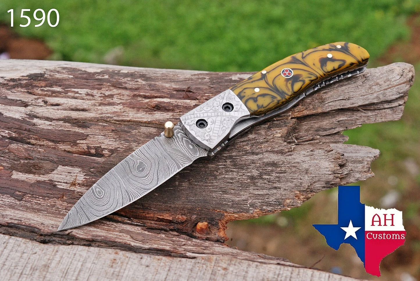 Premium Hand-Forged Damascus Folding Pocket Knife – Engraved Bolster Handle | 512 Layers | Leather Sheath Included 1590