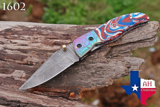 Hand Forged Damascus Steel Folding Pocket Knife with Risen & Bolster Handle – 512 Layers EDC Knife with Leather Sheath 1602