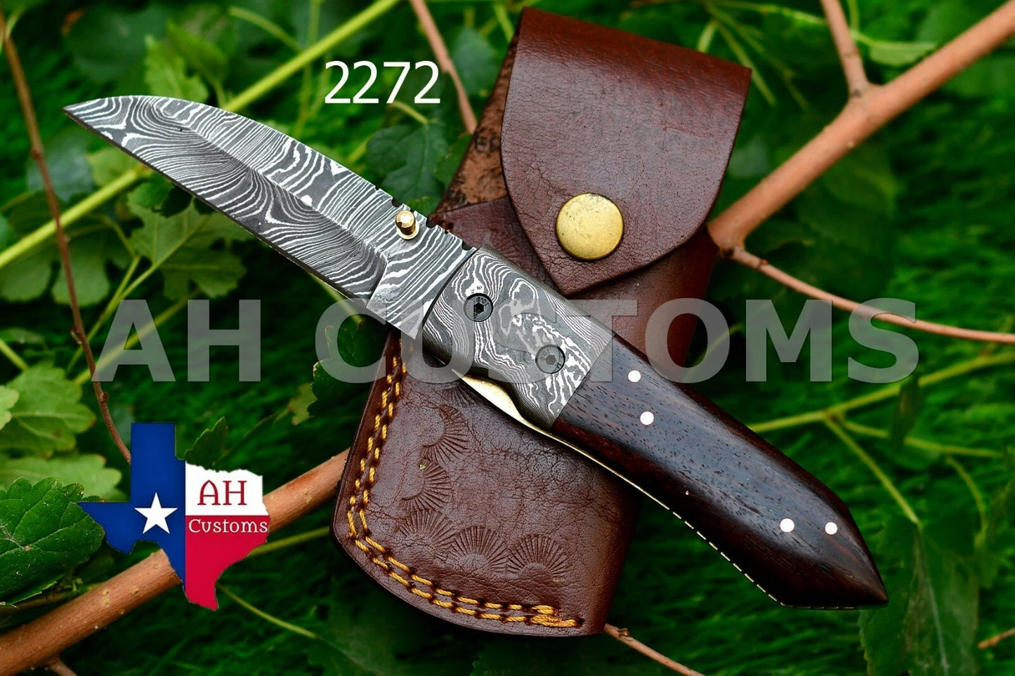 Handmade 512-Layer Damascus Steel Folding Pocket Knife with Wood Handle & Leather Sheath