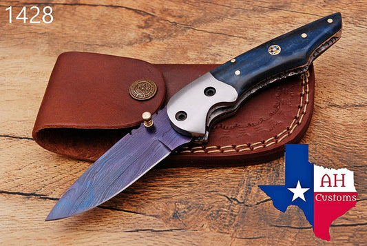Handmade 512-Layer Damascus Steel Folding Pocket Knife with Bone Handle & Leather Sheath
