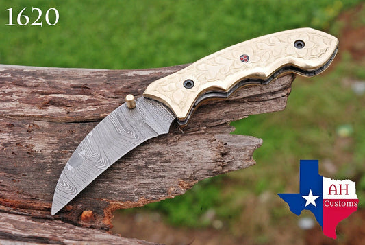 Handmade 512-Layer Damascus Steel Folding Pocket Knife with Engraved Brass Handle & Leather Sheath