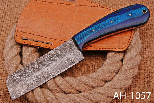 Premium Hand-Forged Damascus Steel Fixed Blade Tool – Pukka Wood Handle with Bone & Wood Handle – Compact Utility Tool Leather Sheath Included