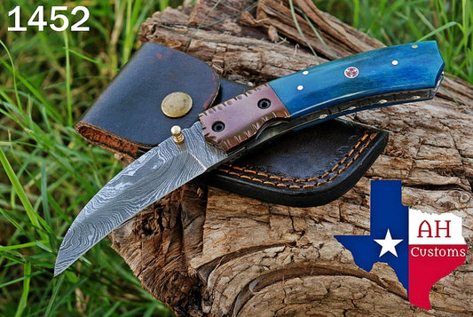 Custom Handmade 512-Layer Damascus Steel Folding Pocket Knife with Bone & Copper Bolster Handle – Leather Sheath