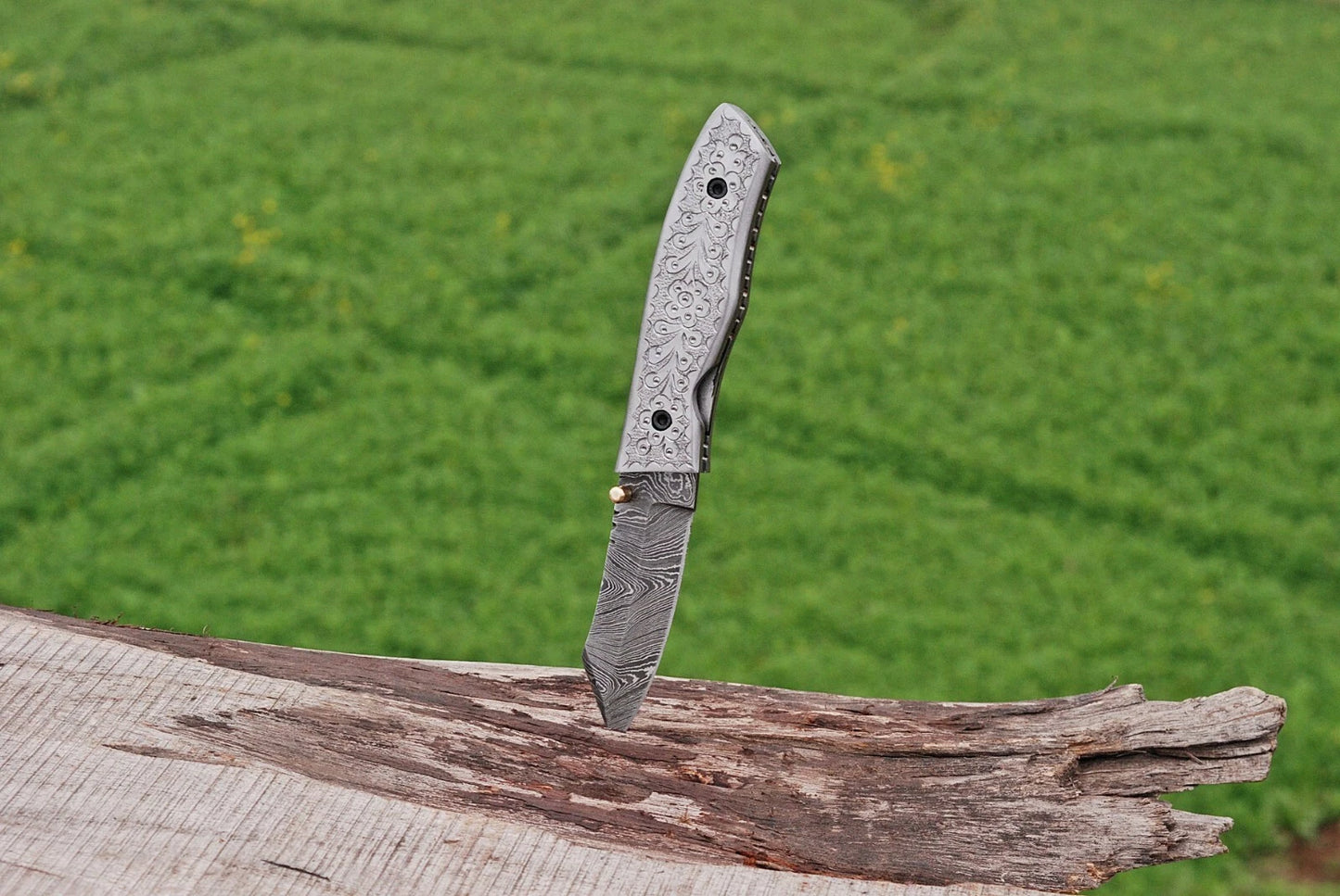 Hand Forged Damascus Steel Folding Pocket Knife with Steel Engraved Handle – 512 Layers EDC Knife with Leather Sheath