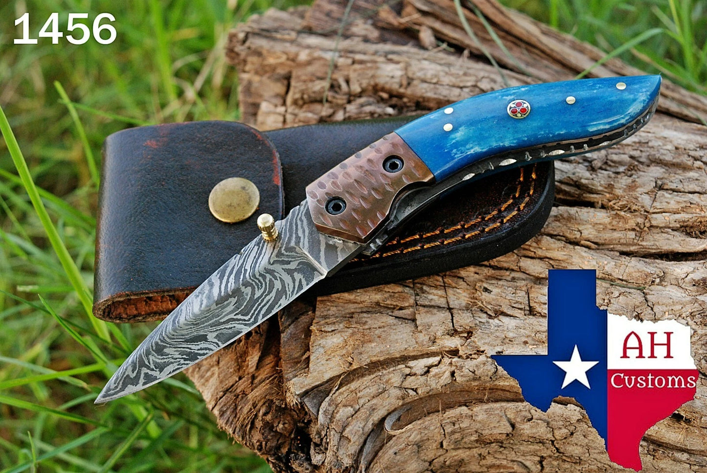 Handmade 512-Layer Damascus Steel Folding Pocket Knife with Camel Bone & Copper Bolster Handle – Leather Sheath