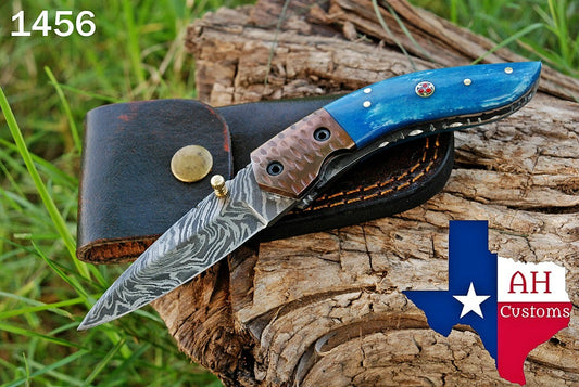 Handmade 512-Layer Damascus Steel Folding Pocket Knife with Camel Bone & Copper Bolster Handle – Leather Sheath