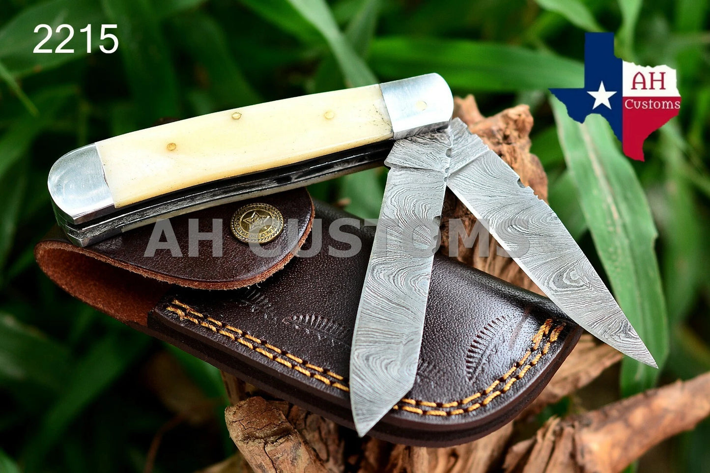 Custom Handmade 512-Layer Damascus Steel Double Blade Trapper Folding Pocket Knife with Camel Bone Handle