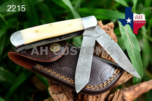 Custom Handmade 512-Layer Damascus Steel Double Blade Trapper Folding Pocket Knife with Camel Bone Handle