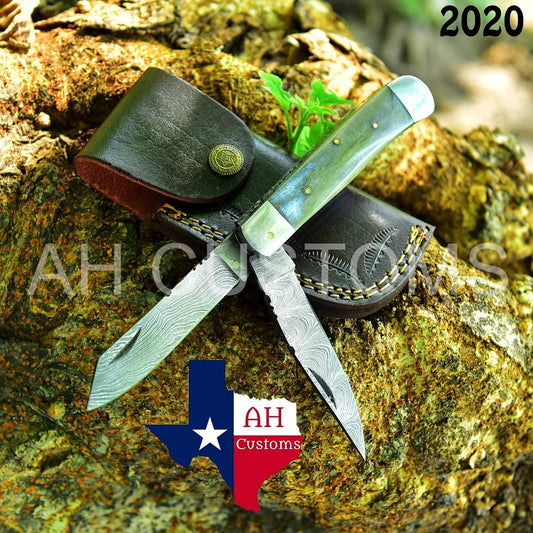 Handmade 512-Layer Damascus Steel Double Blade Trapper Folding Pocket Knife – Clip & Spay Blades with Leather Sheath