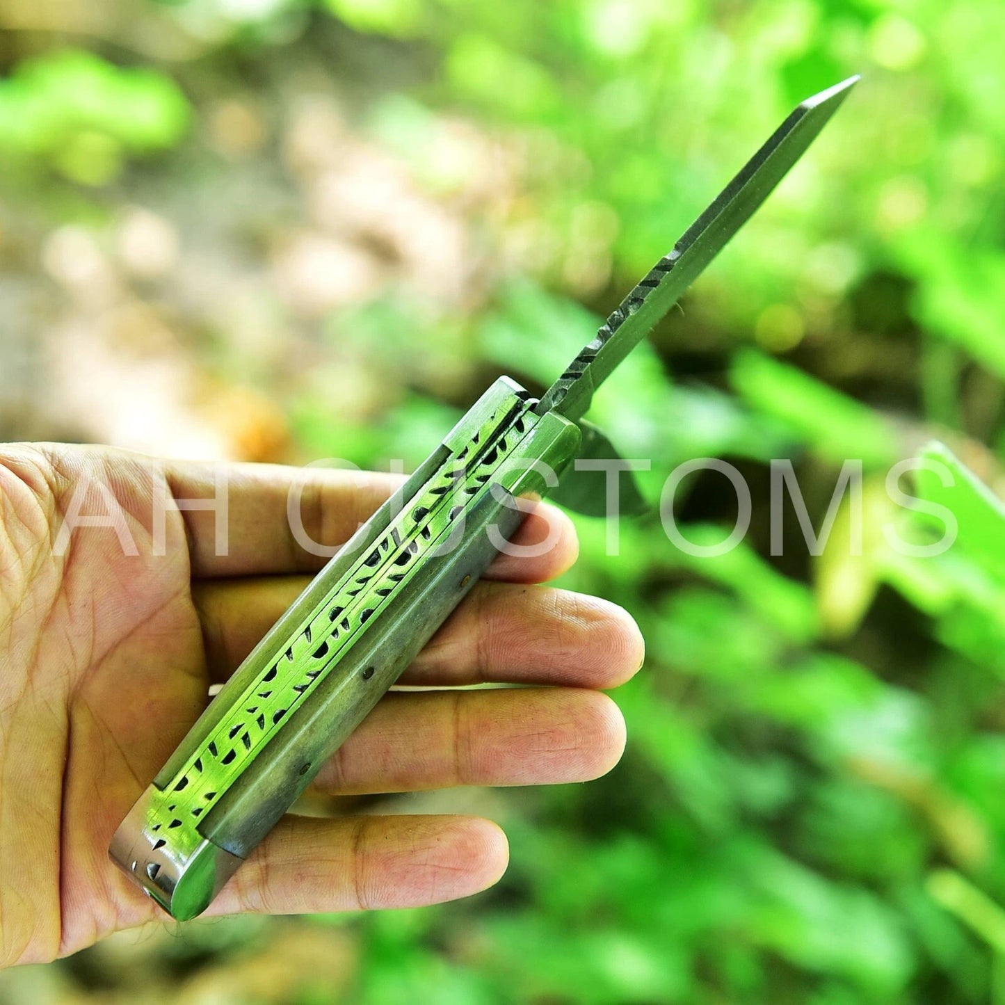 Handmade 512-Layer Damascus Steel Double Blade Trapper Folding Pocket Knife – Clip & Spay Blades with Leather Sheath